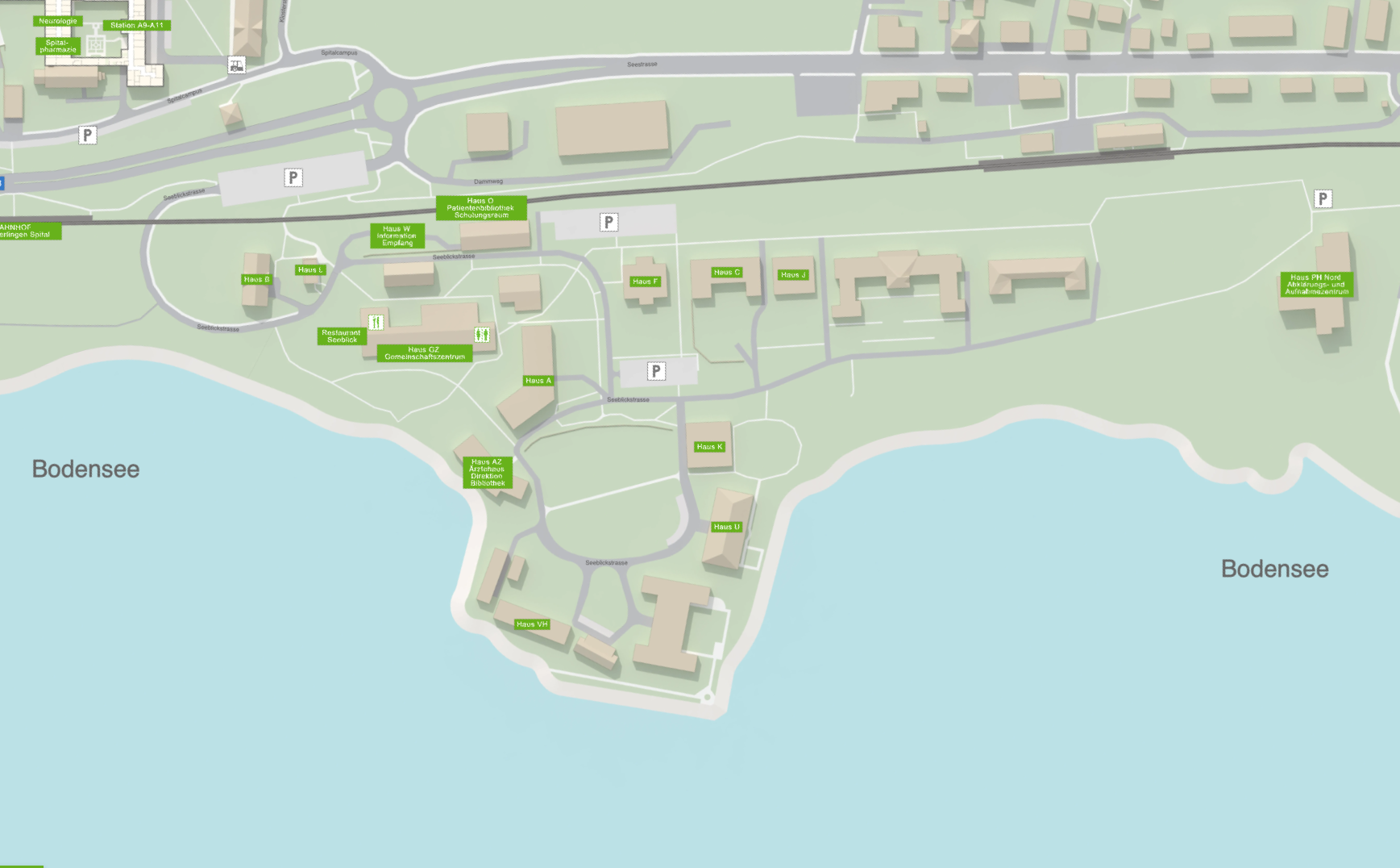 Das Bild zeigt eine schematische Übersicht des Spitalcampus Münsterlingen mit verschiedenen Gebäuden und Bereichen, die beschriftet sind.