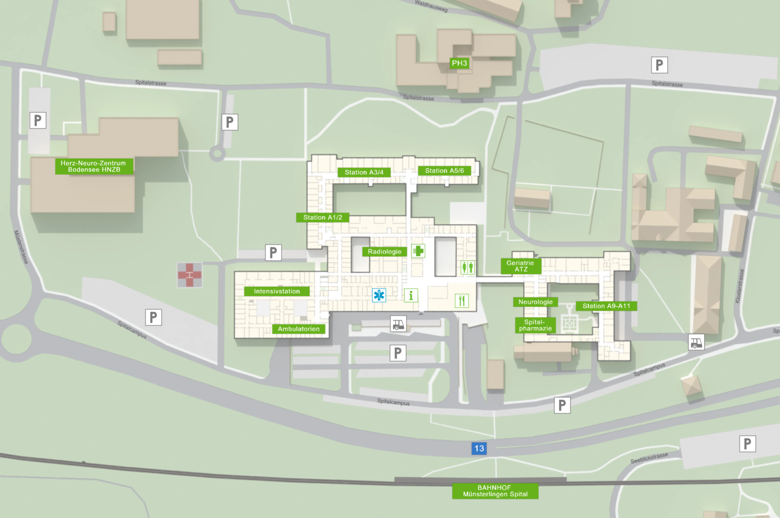 Das Bild zeigt eine schematische Übersicht des Spitalcampus Münsterlingen mit verschiedenen Gebäuden und Bereichen, die beschriftet sind.